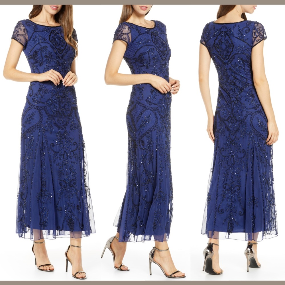 NWT Pisarro Nights [SZ‎ 4 ] Embellished Mesh Gown in Royal Blue/Black